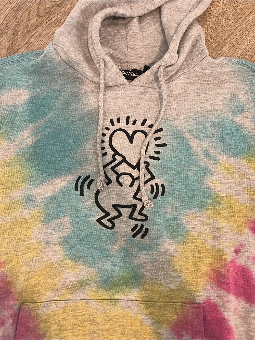 Gray Tie-Dye Pullover Hoodie with Keith Haring Graphic - Picture 2 of 4